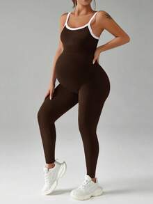 SHEIN Maternity Contrast Color Casual Sports Jumpsuit Pants - Coffee Brown - View 7
