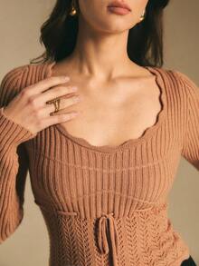 Poéselle Áo len dáng ôm màu trơn thường ngày cho nữ, mùa thu - Màu Khaki - Xem 4