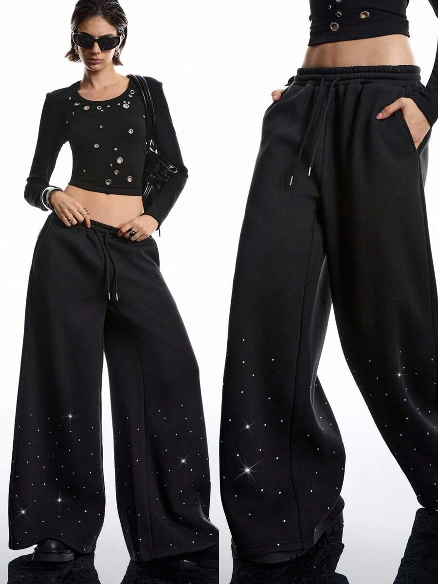 LYSMO Quần nỉ ống rộng đính đá thời trang đa năng dành cho nữ - màu đen - Xem 1