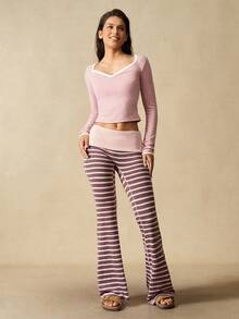 VARSIVA Women's Casual Striped Flared Pants With Waist Fold Over Leggings - Multicolor - View 2