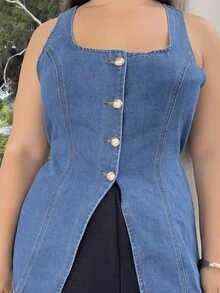 Nezia Cruz 女式方领单排扣无袖休闲牛仔上衣