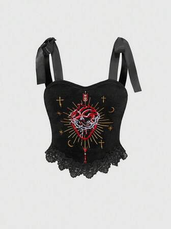 Damen Y2K Mode Street Goth Dark Punk Stil rotes Herz Stickerei Samt Patchwork Spitze Schleife Crop Top, Sommer