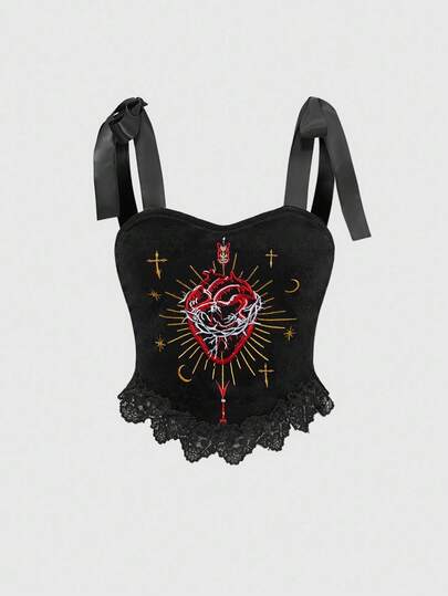 Women's Y2K Fashion Street Goth Dark Punk Style Red Heart Embroidery Velvet Patchwork Lace Ribbon Tie Crop Top, Summer