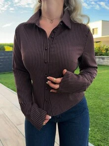 Jeta Ari 1 件女式条纹长袖纽扣休闲工作衬衫秋季，长袖上衣 - 棕色 - 查看 3