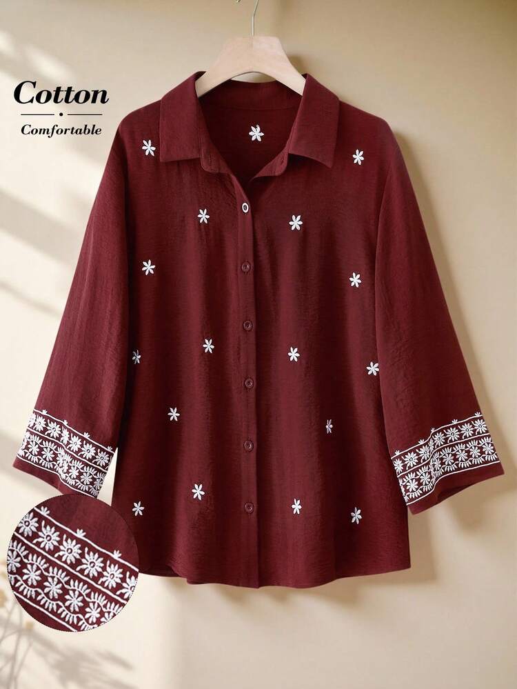 Women's Floral Embroidered Long Sleeve Single-Breasted Casual Loose Shirt Halloween For Women New Year Thanksgiving For Women
