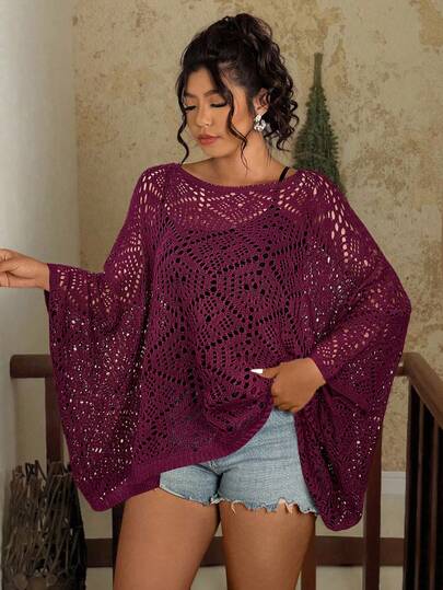 Travachic Plus Size Solid Color Hollow Out Knitted Crew Neck Sweater, Autumn/Winter