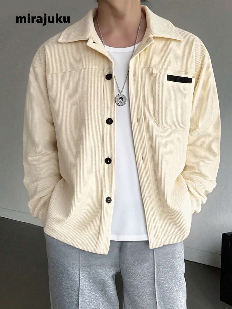 1pc Casual Corduroy Texture Varsity Collar Contrast Trim Pocket Design Shacket For Teenage Boys, Suitable For Leisure, School, And Outerwear Fall Winter