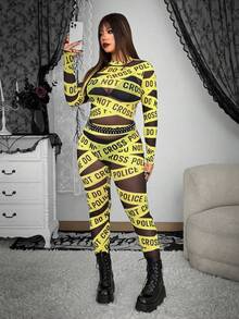 Whyspr Grunge Punk Plus Size Women Street Bold Avant-Garde Casual Punk Fashion English Letter Print Leggings, High Stretch, Suitable For Halloween, Music Festival, Cosplay - Multicolor - View 4