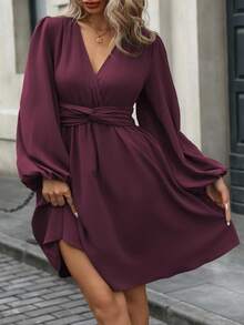 Vionelle Plus Size Women's Crossover V-Neck Twist Waist A-Line Puff Sleeve Lantern Sleeve Dress, Angora Red, Elegant, Sophisticated, Romantic French Retro Street Casual Minimalist Versatile, Suitable For Halloween, Christmas, Thanksgiving, Afternoon Tea Party, Autumn/Winter Plum Dress Long Sleeve Elegant Dress Wine Dress Puffy Sleeve Dress