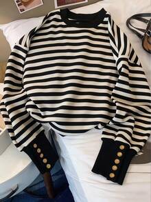 GlowEve Women's Casual Loose Fit Striped Crew Neck Pullover Sweatshirt, Home Wear, Metal Button Cuff Design