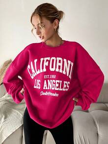 EURMUSE Damska bluza z nadrukiem w litery, okrągłym dekoltem, opadającymi ramionami, długim rękawem, luźna, swobodna, jesień/zima