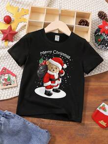 SHEIN Merry Christmas Toddler Boys' Fashionable Cartoon Santa Claus & Teddy Bear Graphic Letter Slogan Print Comfortable Basic Short Sleeve T-Shirt, Suitable For Christmas Party And All Seasons - Black - View 4