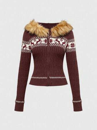 ROMWE Avant Christmas Vintage Y2K Fair Isle Pattern Fringe Hem Cropped Fitted Women Hooded Cardigan
