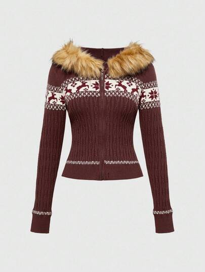 ROMWE Avant Christmas Vintage Y2K Fair Isle Pattern Fringe Hem Cropped Fitted Women Hooded Cardigan