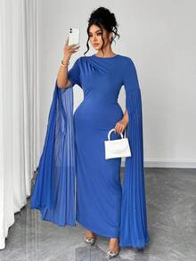 Elenzga Women's Elegant Round Neck Sequin Pleated Dolman Sleeve Dress - Navy Blue - View 6