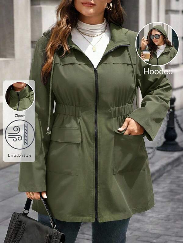 EMERY ROSE Chaqueta casual con capucha con cordón, de manga larga y cierre frontal con cremallera, de unicolor, para mujer de talla grande, para otoño