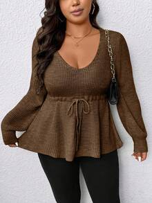 EMERY ROSE 加大码女式套头毛衣，收腰设计，A 字廓形，优雅 - 咖啡棕 - 查看 6