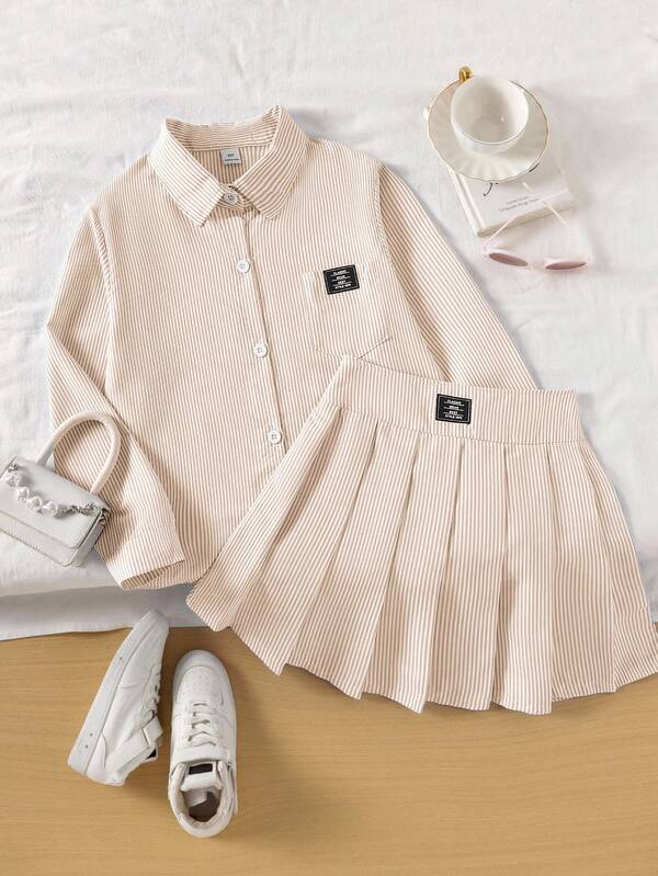 SHEIN Genkimix Kids Tween Girls Blue Striped Long Sleeve Shirt With Decorative Elastic Waist Skirt Set, Fashion Autumn/Winter