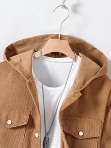 1pc Casual Hooded Corduroy Jacket For Teenage Boys, Khaki Color, Suitable For Autumn/Winter Casual And Daily Wear - Khaki - View 3