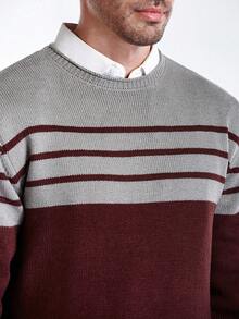 Manfinity CityGents Men's Casual Contrast Striped Crew Neck Long Sleeve Sweater, Autumn/Winter - Grey - View 2