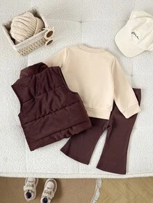 SHEIN Playful Pals 3pcs/Set Baby Girl Unisex Infant Toddler Autumn/Winter Corduroy Padded Vest + White Round Neck Printed Sweatshirt And Elastic Waist Pants, Suitable For School, Casual, Sports, Home, 6M-3T, Children Set, Infant Clothing, Baby Vest Fall Girls Clothes Brown Toddler Outfit Girl Girl Clothes Sets 6M-3T