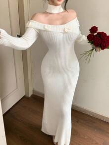 DAZY 女式露肩花卉装饰优雅休闲长款毛衣裙 - 杏色 - 查看 2