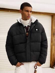 SWAVVY 男士冬季休闲经典字母刺绣高领保暖加厚外套 - 黑色 - 查看 5