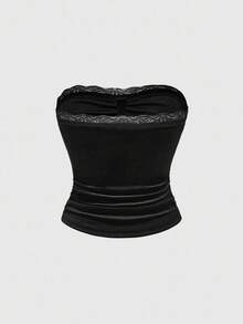 ROMWE Gothic Style Velvet Pleated Lace & Metal Cross Pendant Cropped Top - Black - View 2