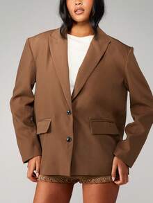 MISSGUIDED Classic Boxy Blazer Double Button Closure Lapel Collar Professional Office Wear Structured Shoulders Hip Length Modern Statement Piece Tailored - Brown - View 4