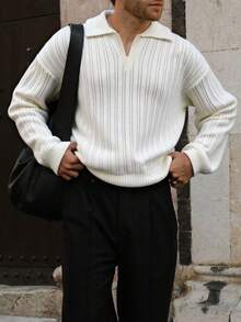 Manfinity Homme Men's Solid Color Polo Collar Casual Versatile Long Sleeve Pullover Sweater Fall Winter - White - View 7