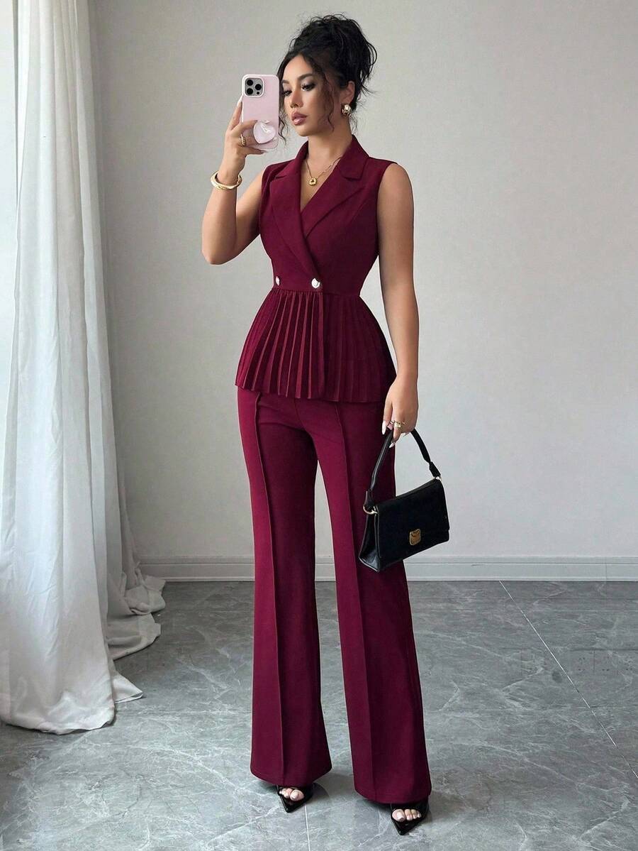 SHEIN PETITE 小巧无袖褶皱腰A字优雅浪漫精致女士西装套装 - 酒紅色 - 查看 1