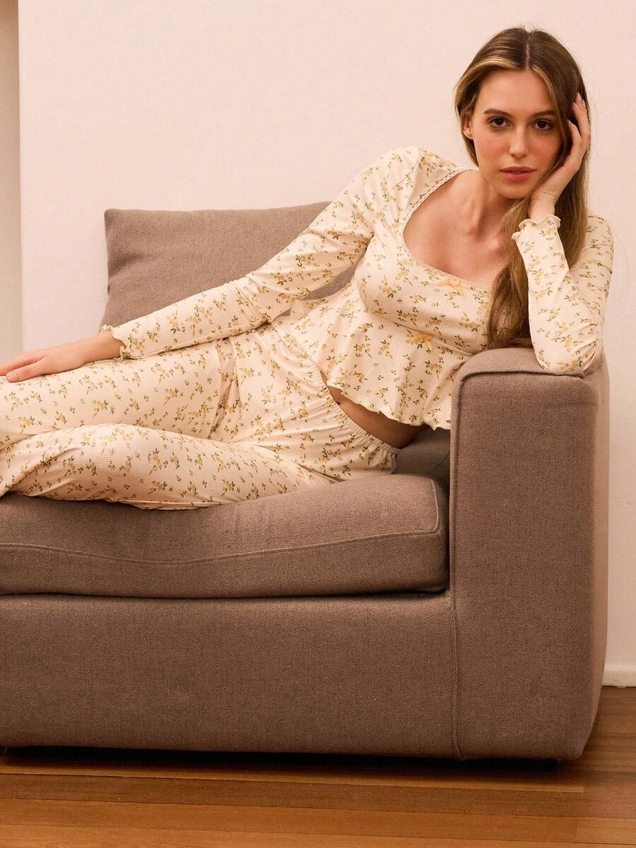 lacRébo Cream Floral Loungewear Set Featuring A Long-Sleeve Top With Ruffles And Bow Details, Paired With Flared Pants Fall Women Clothes Spring Summer - Multicolor - View 1