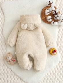 SHEIN 女婴毛绒耳袋连帽长袖柔软舒适优雅连体衣，黄色