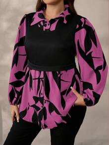 EMERY ROSE Blusa casual de punto con estampado floral y patchwork para mujer talla grande, otoño/invierno - Rosa Fucsia - Ver 3