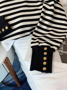 GlowEve Women's Casual Loose Fit Striped Crew Neck Pullover Sweatshirt, Home Wear, Metal Button Cuff Design