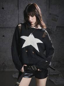 Bloopia 女款五角星形破洞针织套头衫 - 黑與白 - 查看 5
