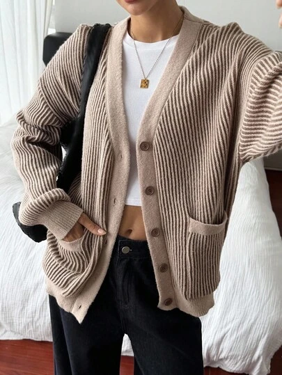 Livesso Cárdigan de mujer holgado de estilo casual de negocios con diseño de rayas y parches, adecuado para ir al trabajo y la oficina, otoño/invierno