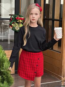 SHEIN Conjunto de 2 piezas de top negro y falda a cuadros rojos para niña preadolescente, adecuado para otoño/invierno - Rojo - Ver 4