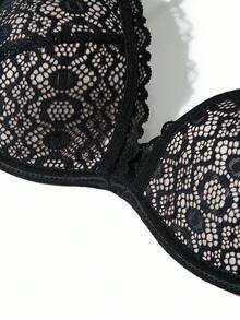 Women's Lace Patchwork Non-Removable Underwire Padded Bra, Sexy Lingerie - Black - View 9