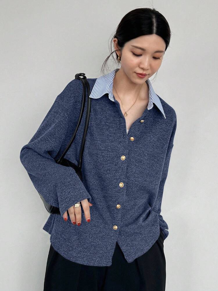 FRIFUL Camiseta casual holgada de mujer con solapa, manga larga, de un solo pecho y con diseño de parches a rayas - Azul Marino - Añade 5