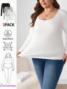 Enliva Melanieangelese Conjunto de 3 camisetas de manga larga de capa base para mujer talla grande de otoño/invierno, camisetas ajustadas de gran elasticidad en negro, gris, blanco, para figura redondeada tipo manzana