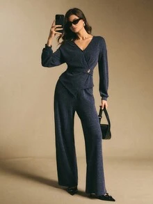 Poéselle 女式 V 领长袖不对称下摆休闲上衣和裤子两件套 - 藏蓝色 - 查看 1