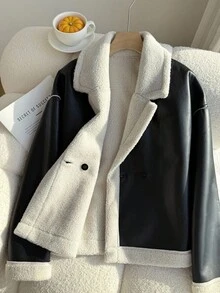 SHEIN 少女休闲基本款通勤PU拼接宽松保暖内衬夹克，秋冬 - 黑色 - 查看 4