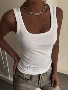 Livesso Women's Summer Round Neck Fitted Rhinestone Embellished Camisole - White - View 8