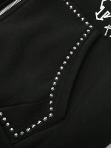 ROMWE MEN Black Jack X ROMWE Men's Black Rhinestone Embellished Zip Up Hooded Sweatshirt, Suitable For Everyday Wear, Autumn/Winter - Black - View 6