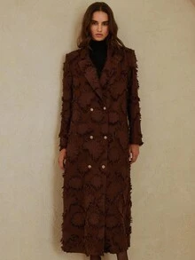 Aveloria Rosie 秋冬卡其色英伦风复古优雅简约宽松加厚3D刺绣长款风衣西装外套 - 棕色 - 查看 6