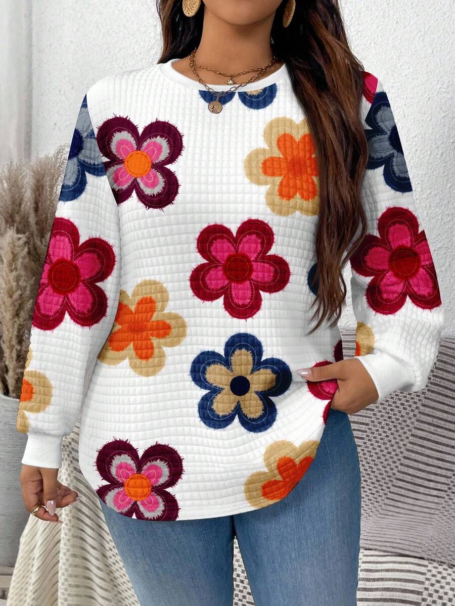 EMERY ROSE Casual White Plaid Round Neck Comfortable Sweatshirt, Autumn/Winter - Multicolor - View 1