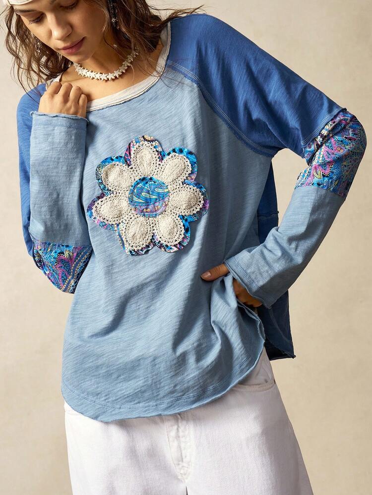 Bohemela Autumn/Winter BOHO Vacation Casual Patchwork Long Sleeve Loose Washed Women Graphic T-Shirt Blue Hippie Blue Floral Top Blue Long Sleeve Top Blue Graphic Shirt - Multicolor - View 2