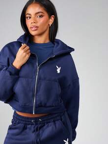 Missguided x Playboy Sudadera con capucha con cremallera corta, diseño de letra universitaria con mangas abullonadas, puño acanalado, prenda de punto para invierno y otoño, ropa informal y de estar en casa - Azul Marino - Ver 5