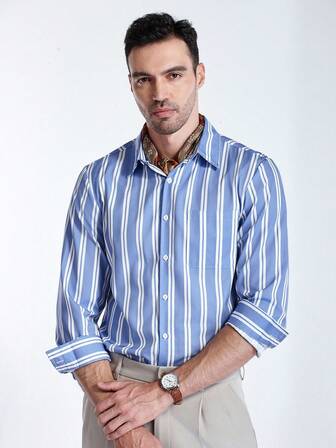Manfinity CityGents Men Casual Commuter Striped Long Sleeve Shirt, Blue Striped Shirt, Fall